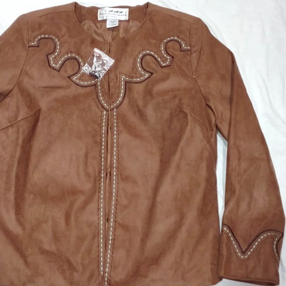 BACK IN THE SADDLE BROWN FAUX SUEDE WOMEN'S JACKET COUNTRY STYLE EMBROIDERED MED